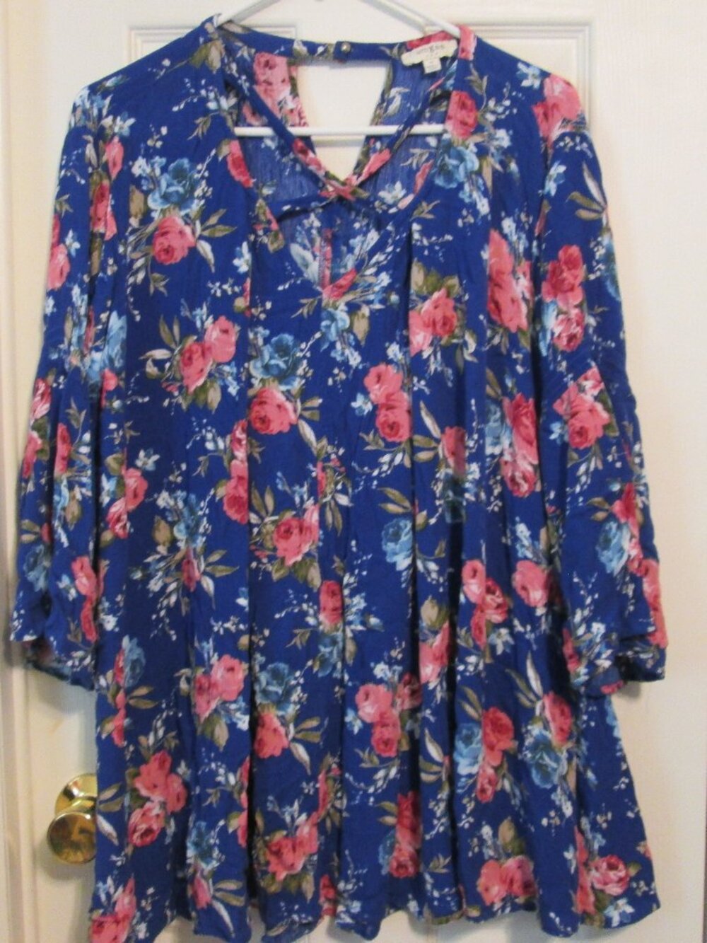 Umgee Royal Blue Floral Boho Tunic Top 3/4 Sleeve, Size Medium